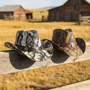 Black Steer Head Accent Snake Print Western Cowboy Hat